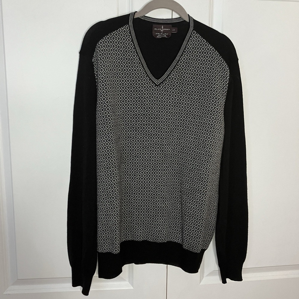 Black Brown 1826 Merino Wool Sweater Mens L Italy Knit Black Check Grandpa Vneck